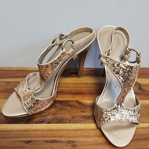 Ellen Tracy Metallic Gold Glitter T-Strap Evening Heels Sparkly Size 7